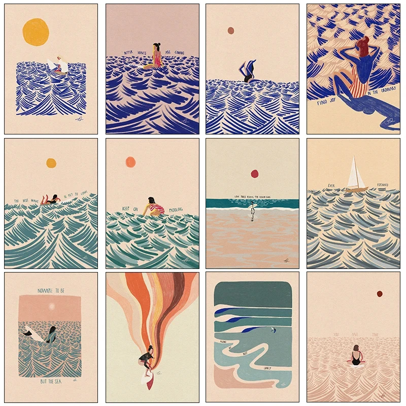 Arte minimalista nórdico, surf, remo, natación, ola de mar, póster impreso, pintura en lienzo, arte de pared abstracto para habitación, decoración del hogar le