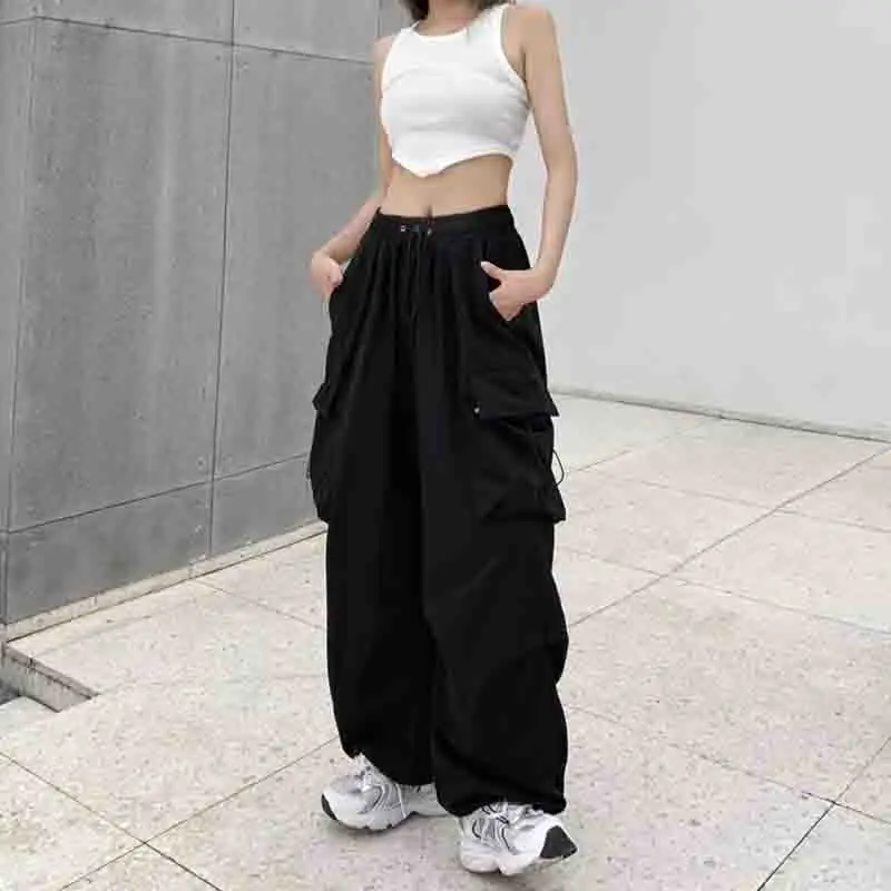 2024 Moda Luźne Spodnie Cargo Kobiety Dorywczo Czarne Proste Spodnie Vintage Szerokie Nogawki Kieszenie Y2k Streetwear Lady Pant 28958