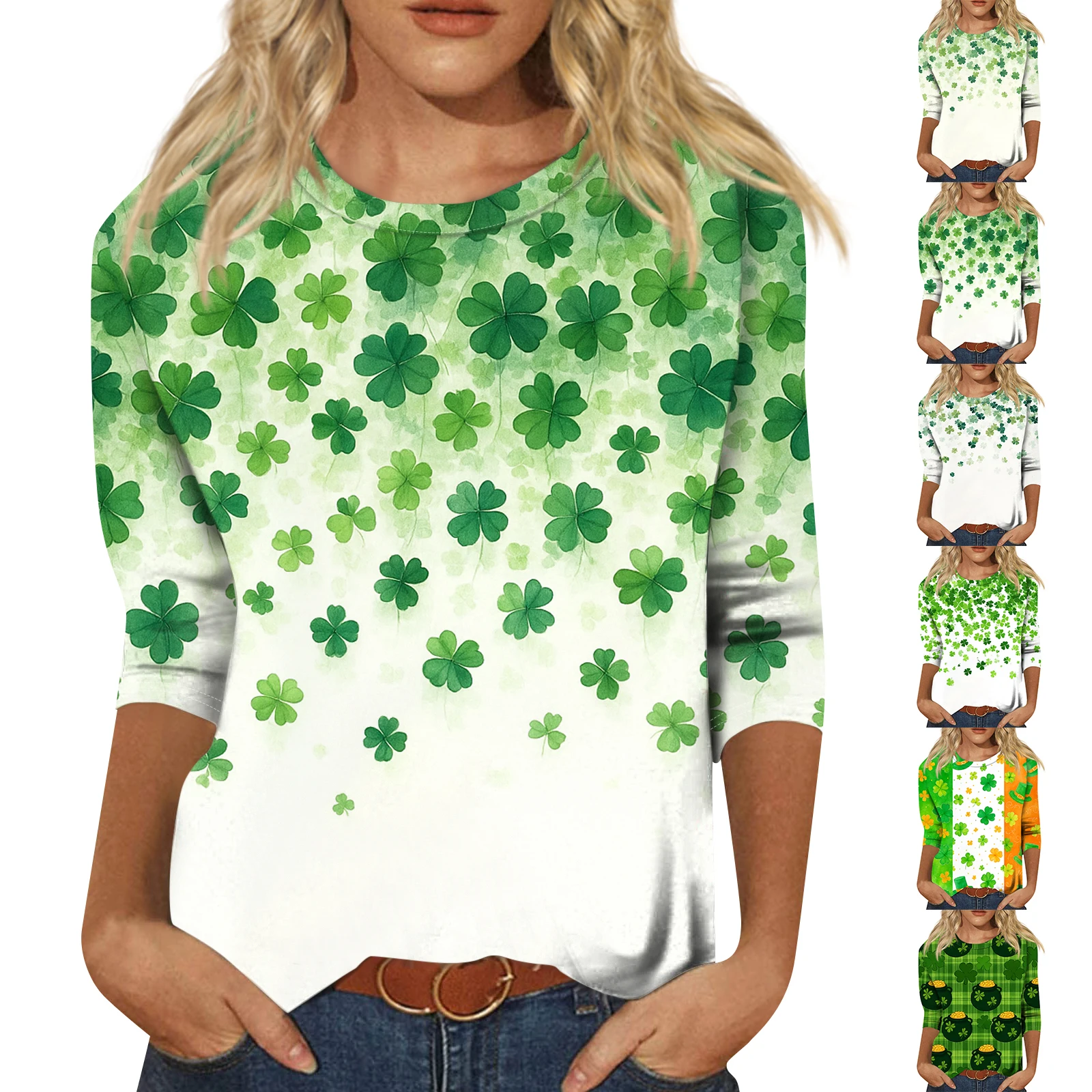 أنثى الصيف رقيقة عصرية عارضة ثلاثة أرباع كم ورقة مطبوعة جولة الرقبة أعلى سانت باتريك موضوع س الرقبة الملابس #5