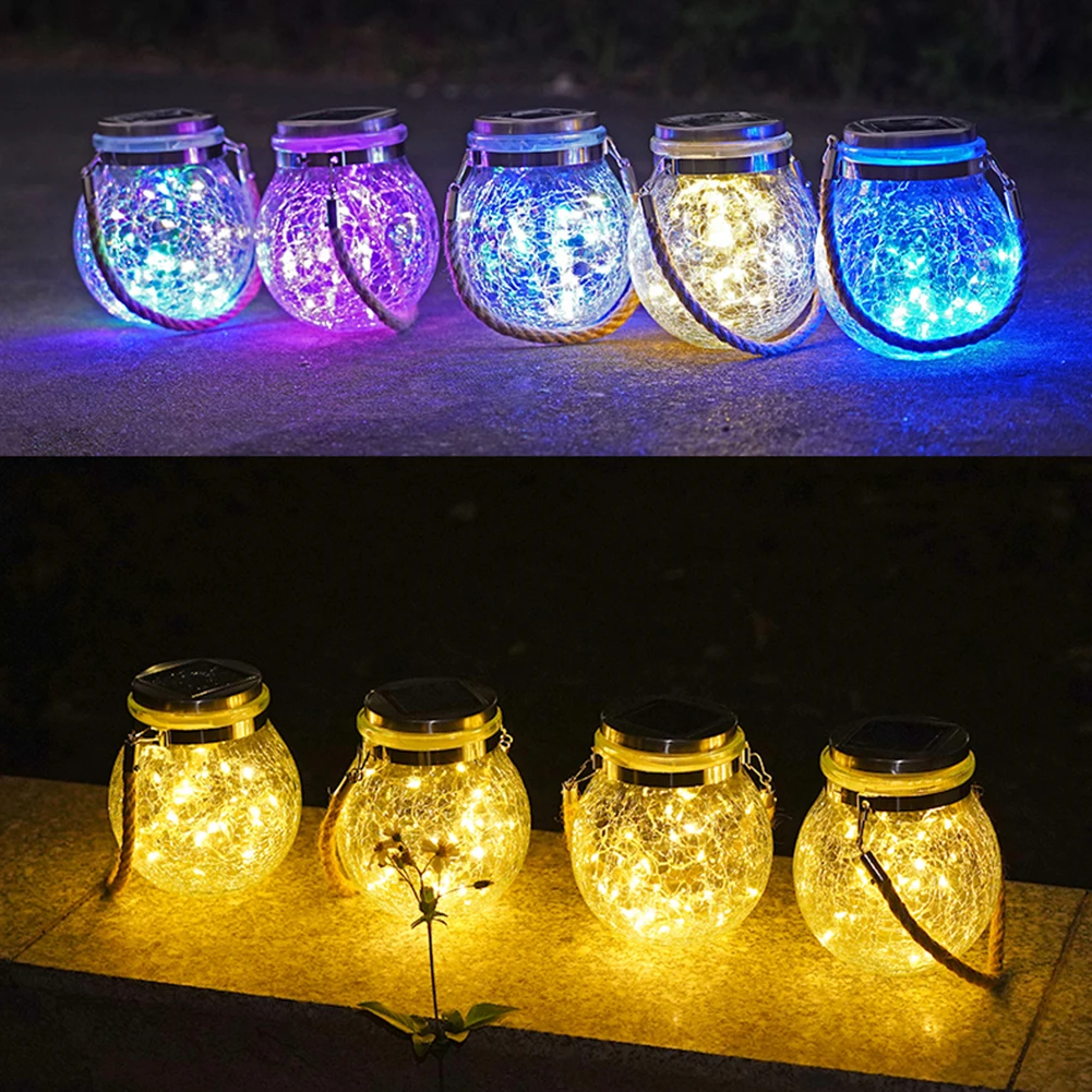 Garden LED Art Light Solar Yard Lamp Crackle Glass Ball Hanging Lamp Outdoor Decoration For Courtyard Patio Romantic Party Decor