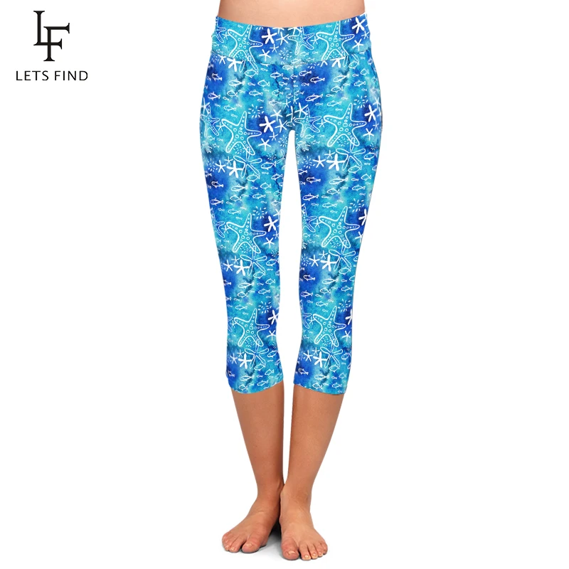 

LETSFIND High Waist Women Elastic Capri Legging 3D Hand Drawn Starfish and Fishes Print Fitness Sexy Stretch Mid-Calf 3/4 Pants