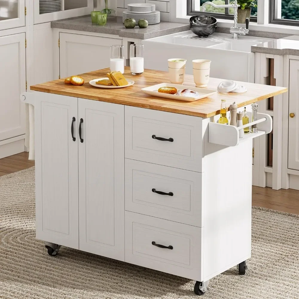 

Kitchen Island Cart with Drop Leaf & 3 Drawers, 43” Kitchen Island on Wheels with Storage Cabinet, Spice Rack, Towel Rack