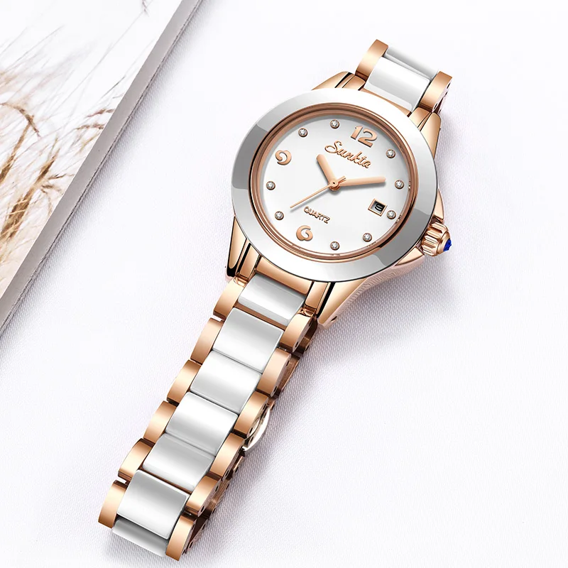 Sunkta Mode Lässig Quarz Frau Uhr Elegante Luxus Keramik Diamant Kalender Wasserdichte Damen frauen Uhren Montre Femme