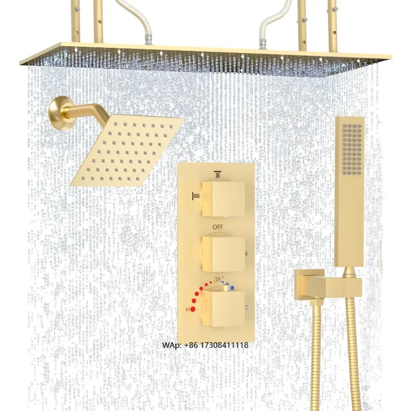 Luxury Brushed Gold 80x40cm Large Ceiling Rainwater Sprinkler Light Emitting Diode Thermostatic Rainwater Shower System Combo