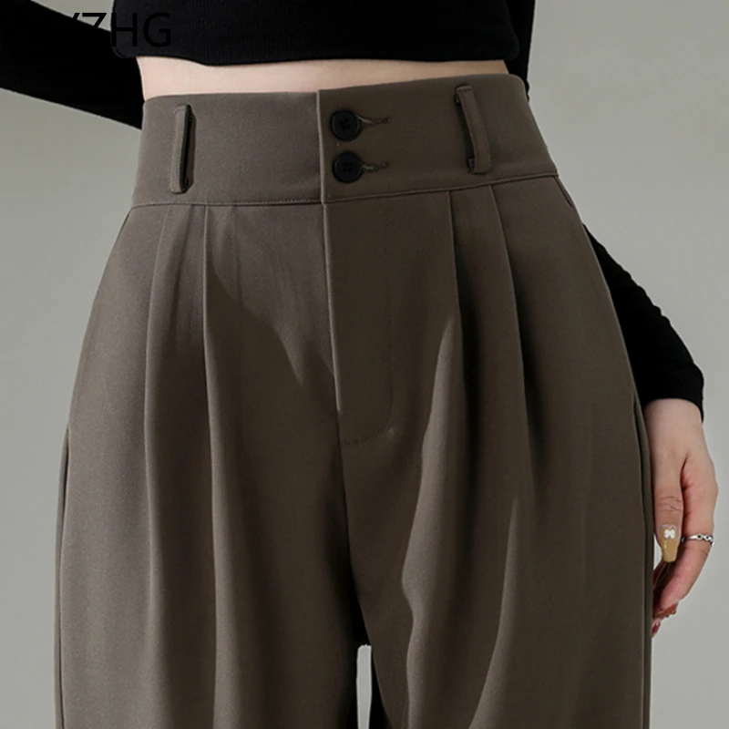 

Female High Waist Wide Leg Pants for Women New Loose Straight Coffee Trousers Autumn Double Buttons Casual Suit Pants Hin Thin