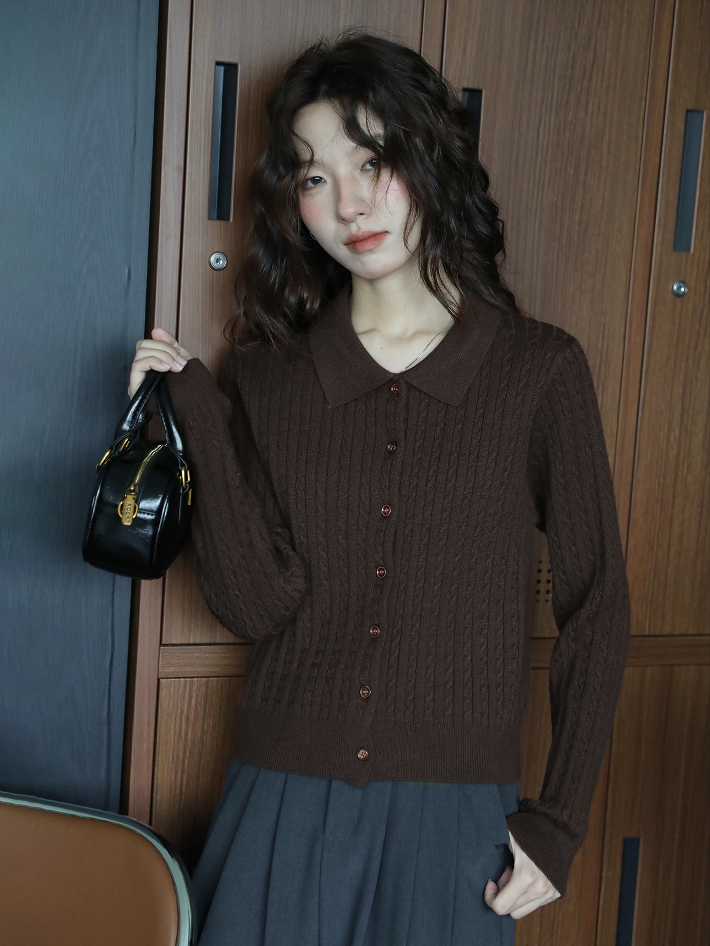 

Coffee Colored Knitted Long Sve Ne Sweater Cardigan Women's Autumn Winter New Simple Design Twist Yarn Outerwear