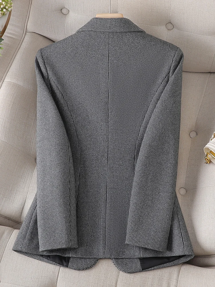 New Arrival Ladies Blazer Formal Jacket Women Long Sleeve Single Button Gray Apricot Plaid Female Work Wear Coat