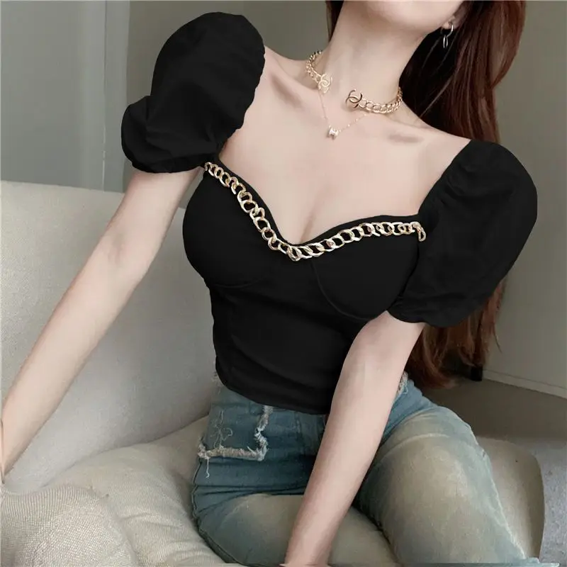 Fashion Commute Spring New Women\'s slash neck Solid Color Chains Splicing Shirt puff sleeve Slim Off Shoulder Short T-shirt Tops