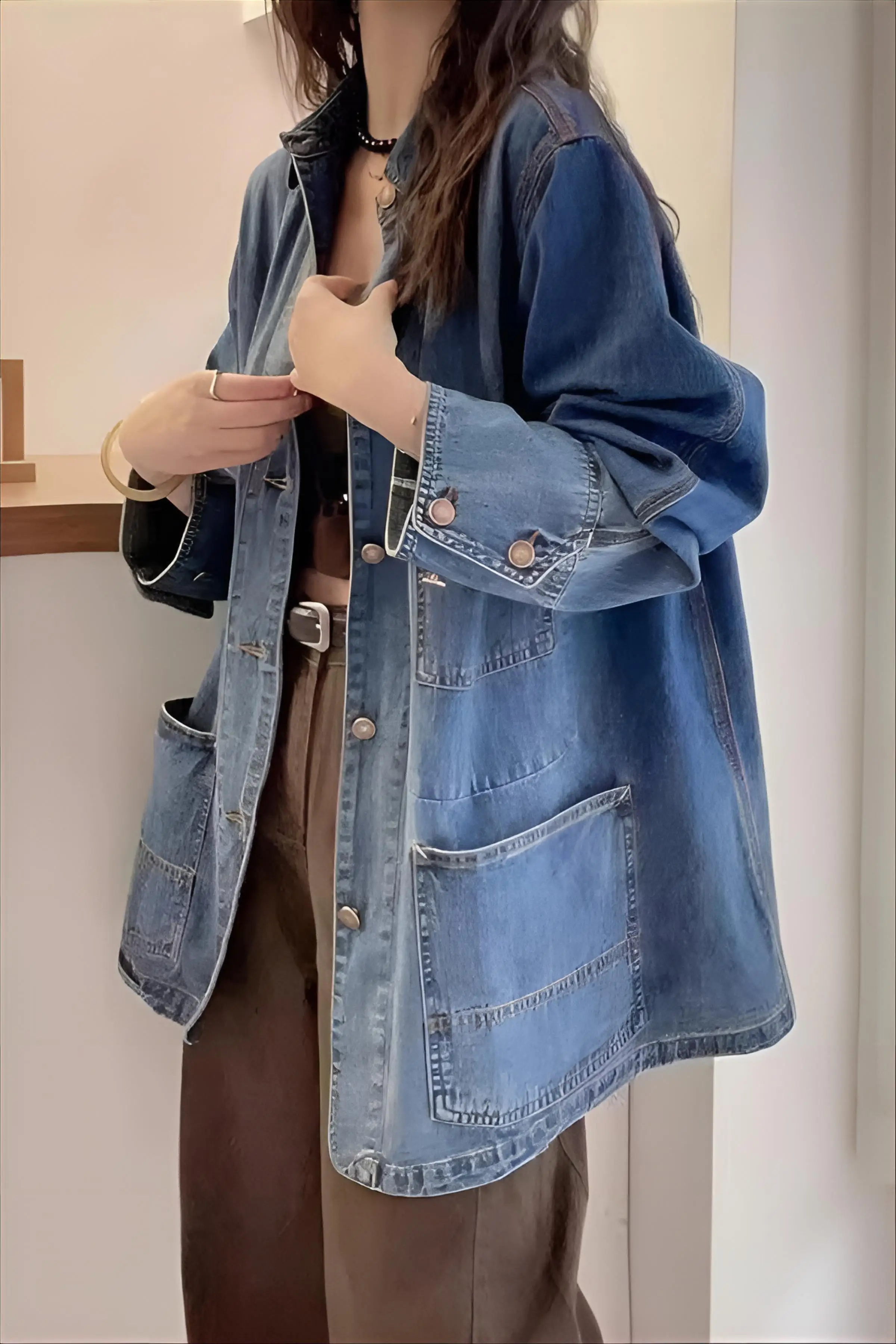 

Denim Coat Fur Womens Autumn Epaulettes Blended Fleece Bomber Camping Collared Grunge Ruffled Baggy Mid-Length Retro Relaxed Y2K