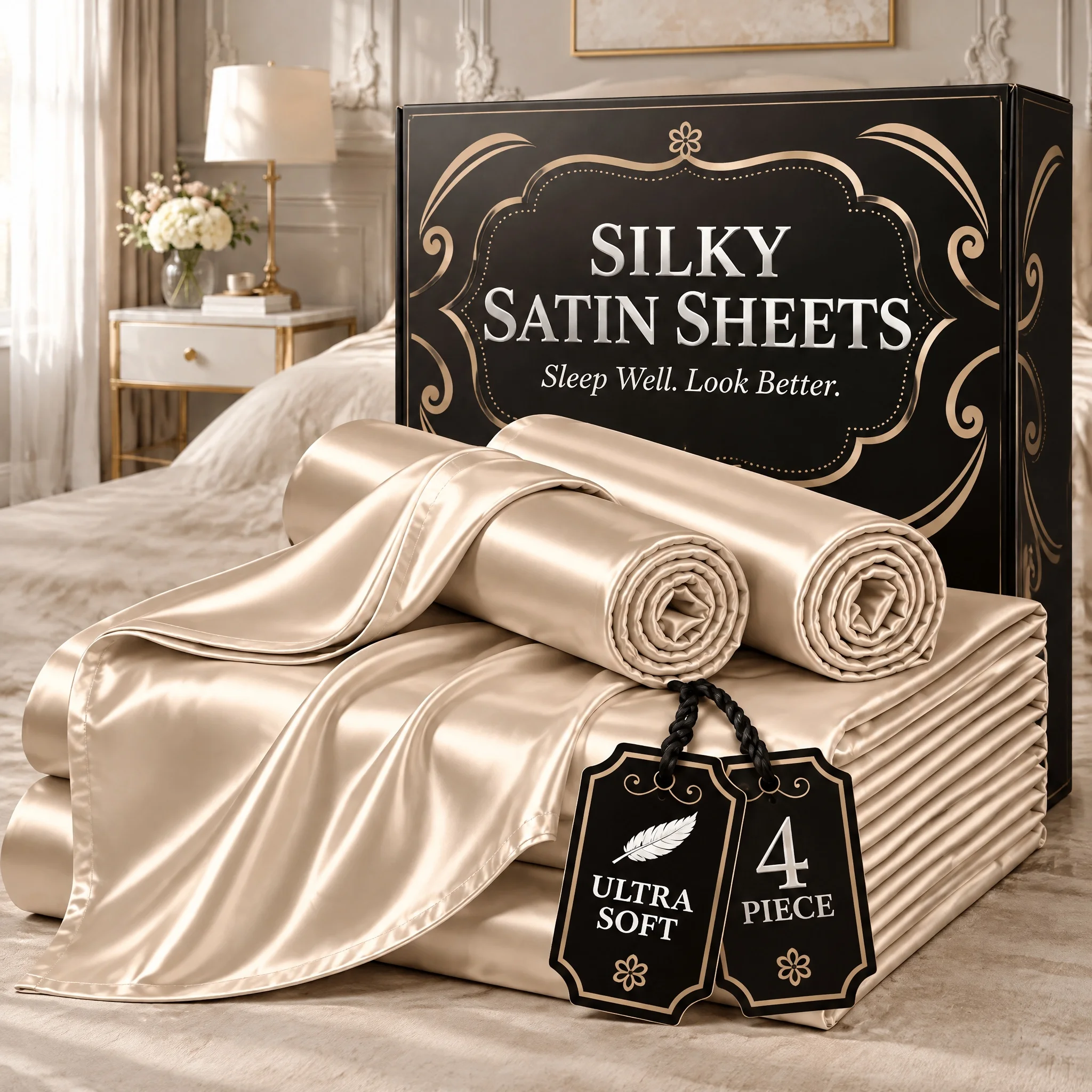 Luxury Silky Cooling Sheet Set, 3/4pcs Wrinkle Free Bed  with 17 Inch Deep Pocket, Moisture Wicking Breathable Bedding, Gentle for Hair & Skin, Twin Full Queen King Sizes Optional