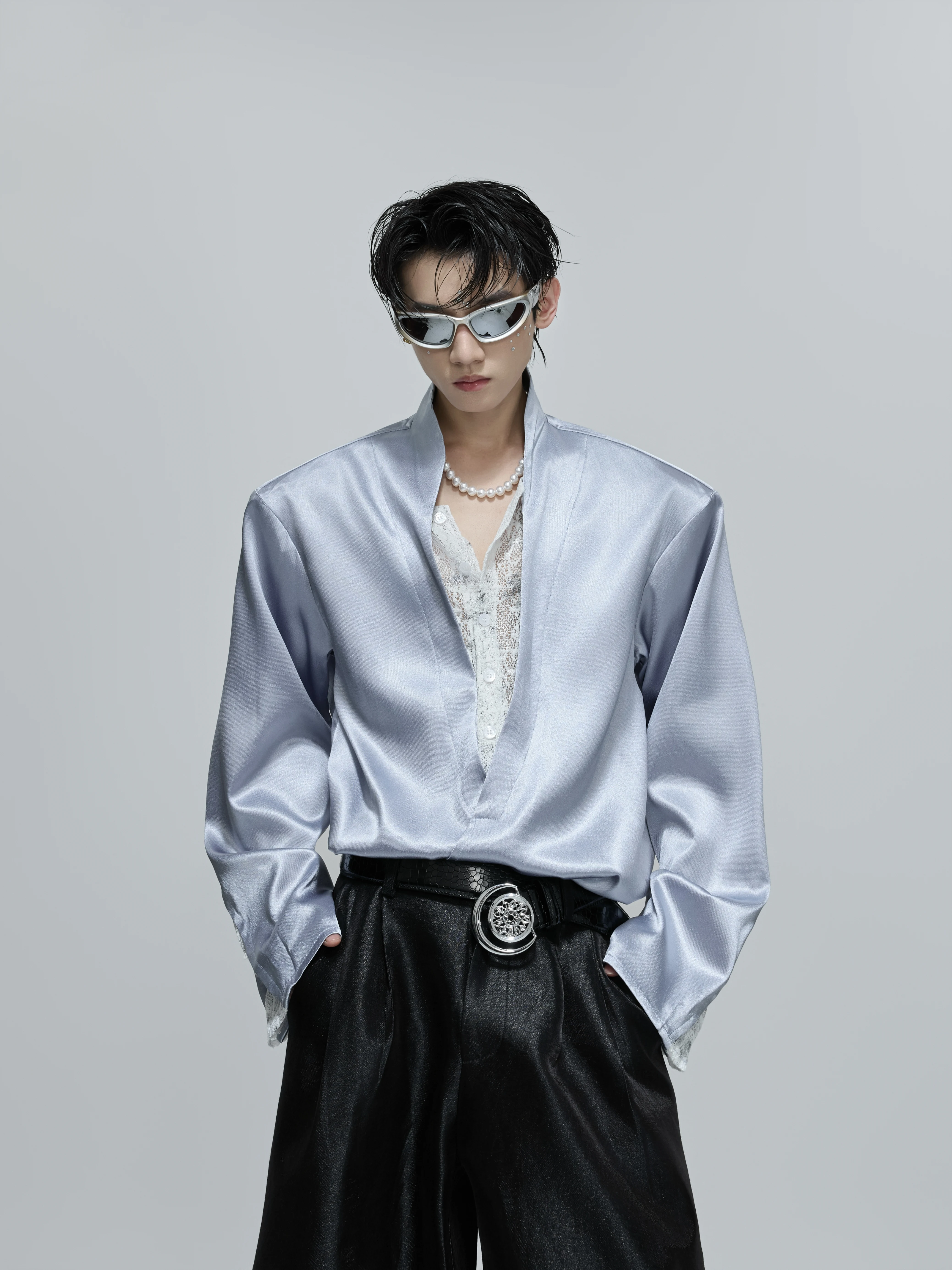 ArguE CulturE Lace Patchwork Loose Short V-Neck Shirt Elegant Style Cotton Blend Men's Casual Shirt Elegant Wind