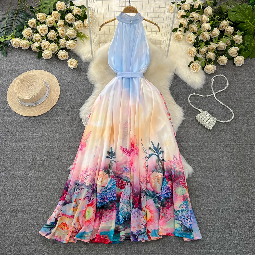 ALPHALMODA 2024 New Halter Neck Sleeveless Women Fashion Bohemian Printed Dress Ladies Beach Vacation Long Dress