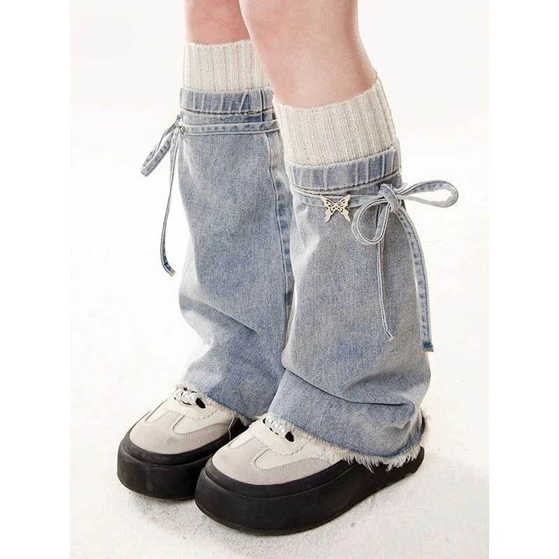 American spicy girl butterfly strap decoration washed denim shorts y2k sweet street style, paired with leg sleeves casual pants