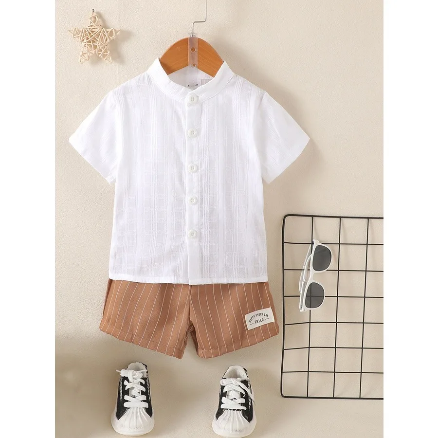 2CPS Children Boy Clothes Set Fashion Gentleman Birthday Party T-shirt Short Sleeve+Stripe Shorts Outfit for Kids Boy 1-6 Years