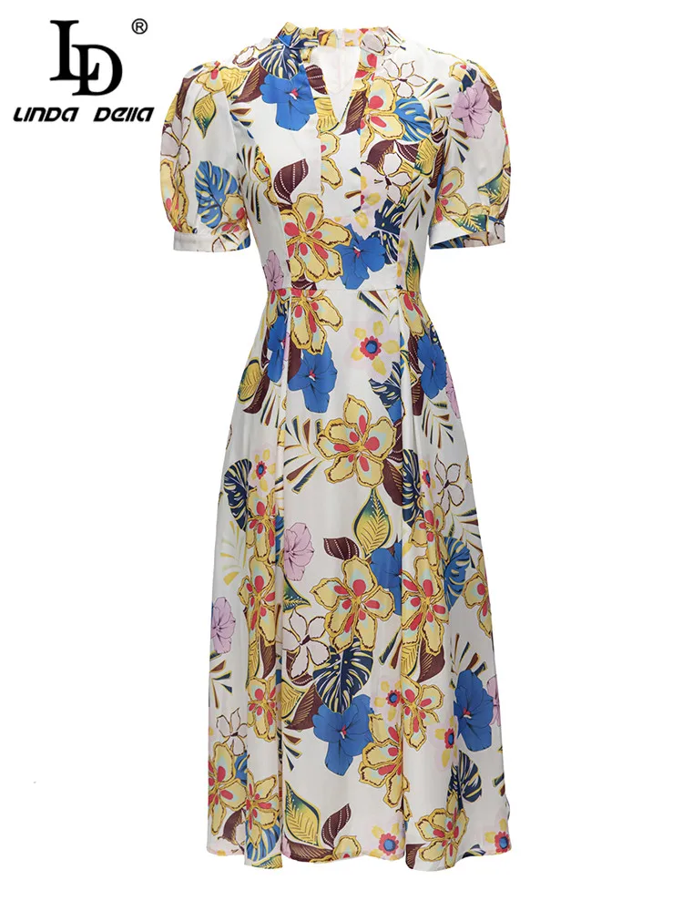 LD LINDA DELLA 2023 Vintage High Neck Short Sleeve Multi-Color Printed Tucked Waist Dress Holiday Holiday Casual Mini Dress