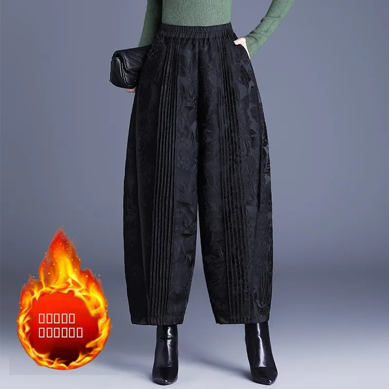 

Женские повседневные брюки-харлан больших размеров, осенне-зимние, новые, с хлопковой вставкой, с вышивкой в виде цветочных бутонов, свободные, длиной до щиколотки