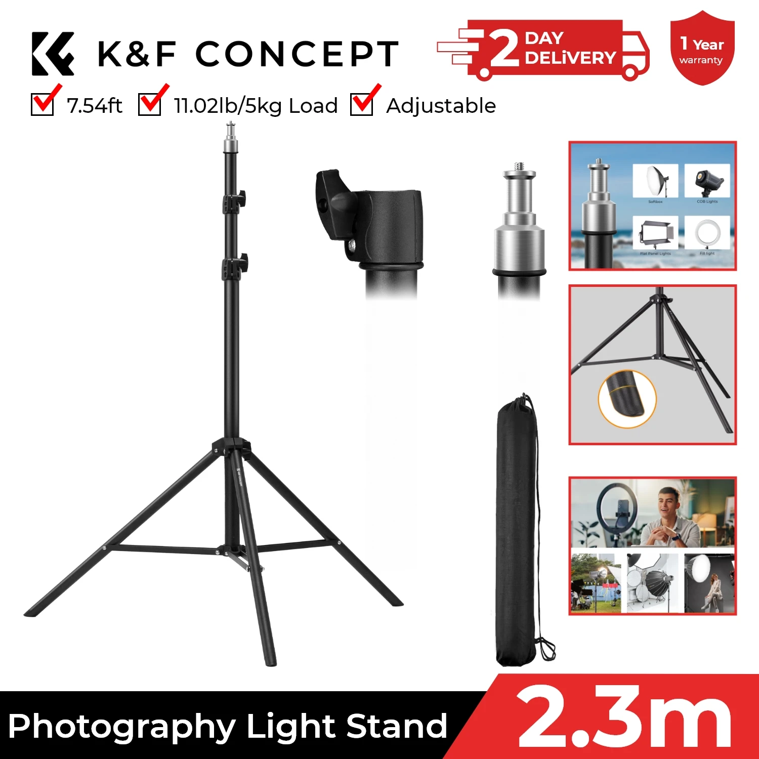 K&F CONCEPT 90.6in/2.3m Photography Light Stand Extend Photo Video Tripod Stand For Live Streaming Studio Softbox&1/4
