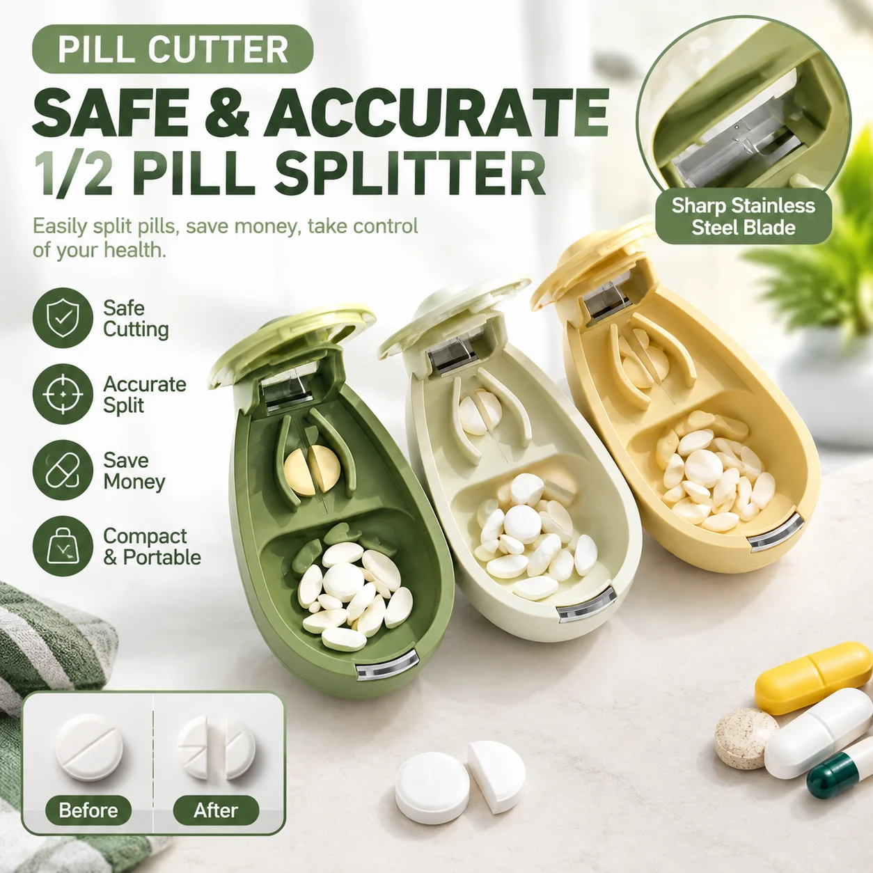 Avocado Pill Cutter 1/2 1/4 Tablet Splitter With Storage Box Portable Mini Medicine Organizer Cute Gift Tool