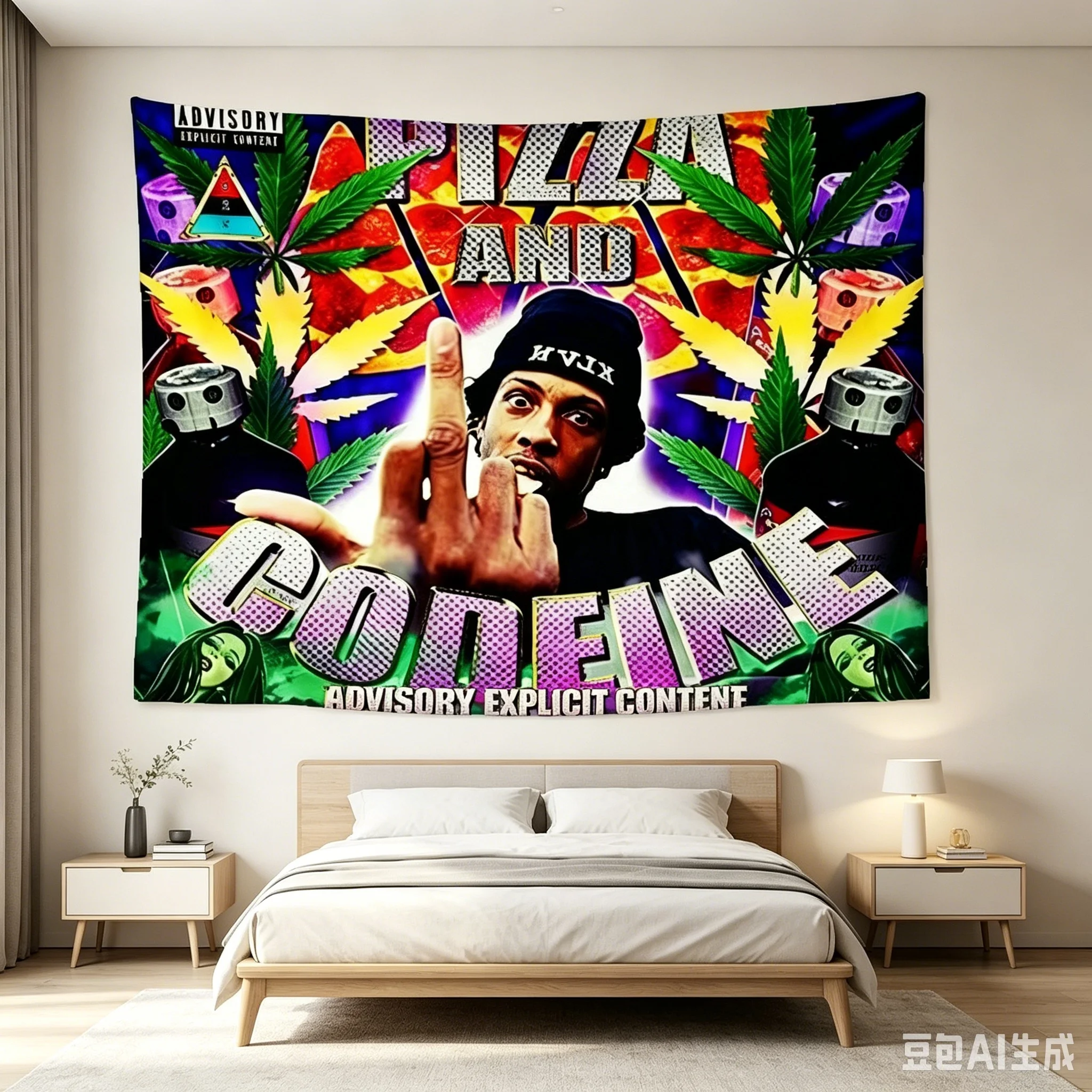 1pc Pizza And Codeine Hip Hop Tapestry, Rapper Fan Wall Hanging, Cool Room Stuff, Large Size, Polyester 2D Print, Bedroom Stuff,