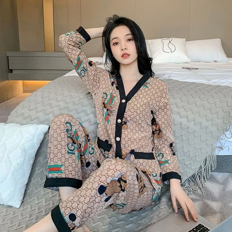 Ice Silk Pajamas Ladies Spring Autumn Thin Ins Net Red Cartoon Silk Two-piece Spring and Summer Loungewear Long Sleeve Suit 2024