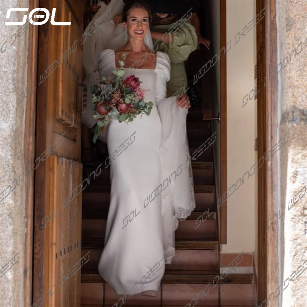 SOL elegante treno staccabile maniche lunghe a sbuffo abiti da sposa colletto quadrato Backless sirena abiti da sposa Vestidos De Novia