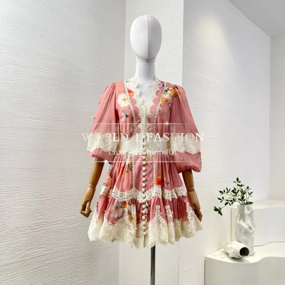 

Pink Floral Print 3/4 Sleeve Lace Trim Mini Dress 2025