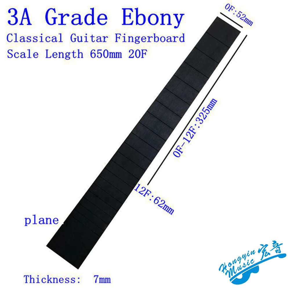 3A All Black Ebony Wood Fretboard For Classical Guitar 20 Frets Standard 650mm Chord Length HUATOOL