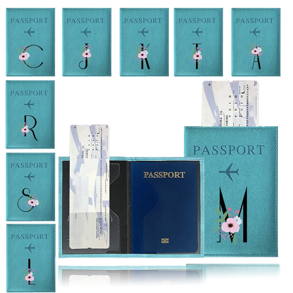 Passport Cover Blue Color Pu Passport Waterproof Case Wallet Business Credit Card Documents Holder Print Black Flower Series