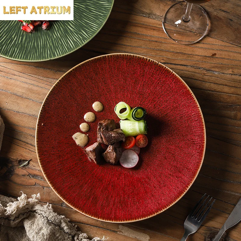 Kiln Changes Stripe Ceramic Plate Round Steak Plate Pasta Dish Serving Plate Dessert Plates Vintage Molecular Cuisine Tableware