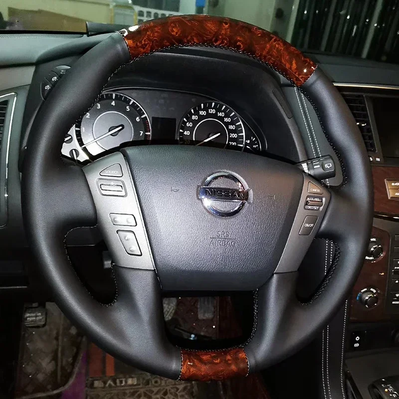 For Nissan Patrol Y62 2012-18 Stitch Beige Leather DIY Hand Sewn Steering Wheel Cover Interior Handle Cover