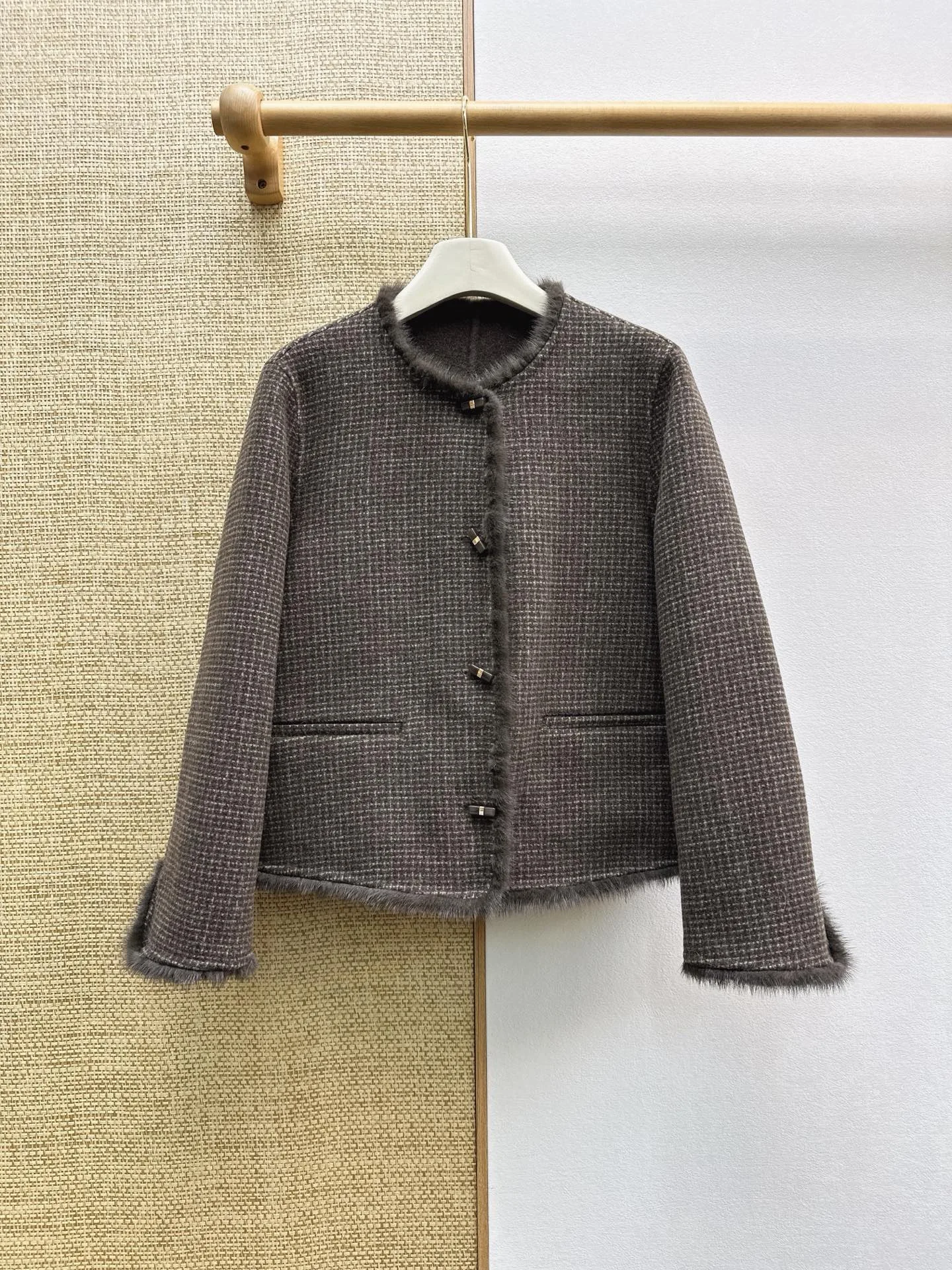 Women Autumn Winter Gentle Apricot Heather Tweed Jacket Elegant Short Round Neck Outerwear