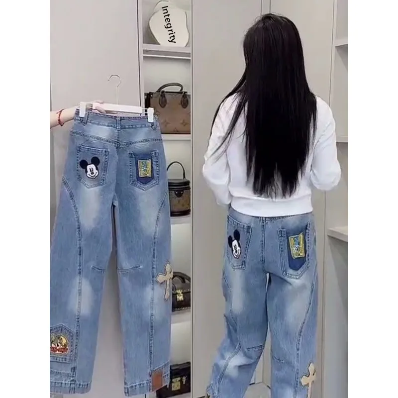 

2026 Spring New Women's Mickey Cartoon Embroidery Jeans High Waist Straight Curved Leg Washed Loose Slimming Casual Denim Pants