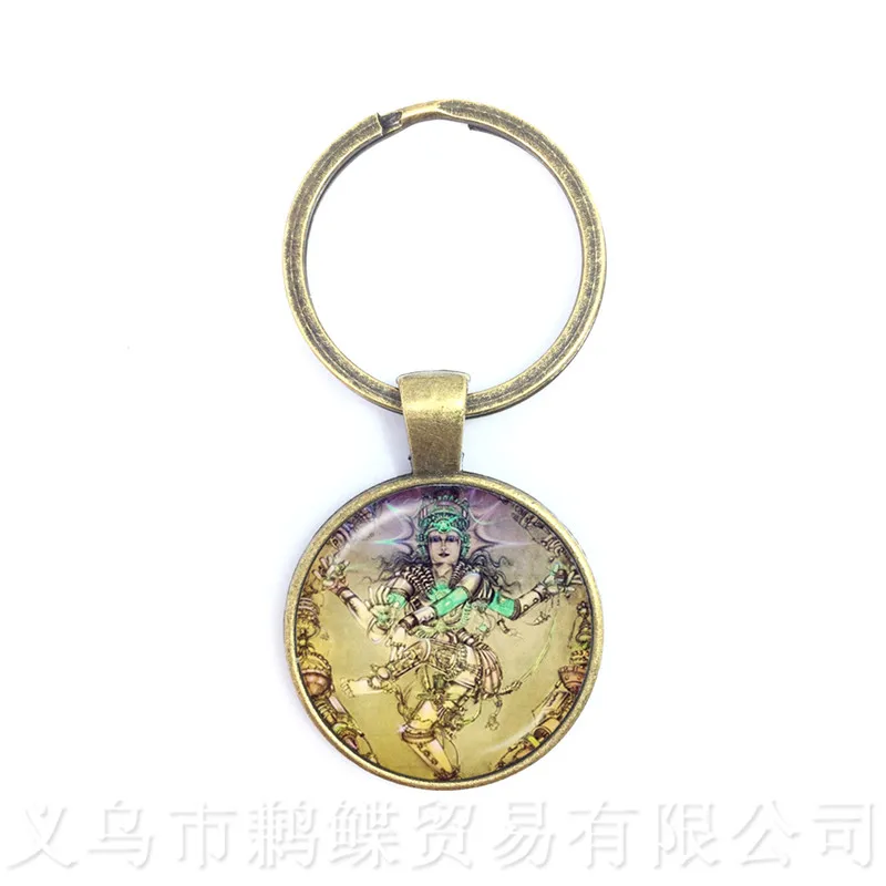 New Fashion Glass Time Gem Keychain 25mm Ganesha Buddha Elephant Pendants DIY Men Jewelry Car Key Holder Souvenir For Gift