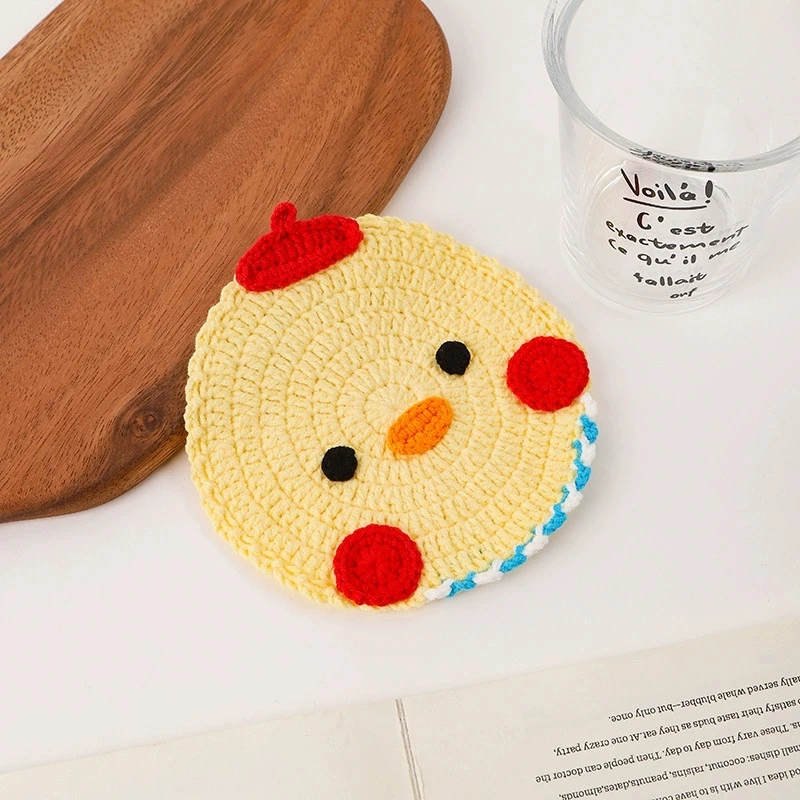 D12cm Cute Crochet Chicks Duck Rabbit  Tomato Coffee Coasters Creative Animal Knitted Cup Mat Handwoven Coasters Gift Set