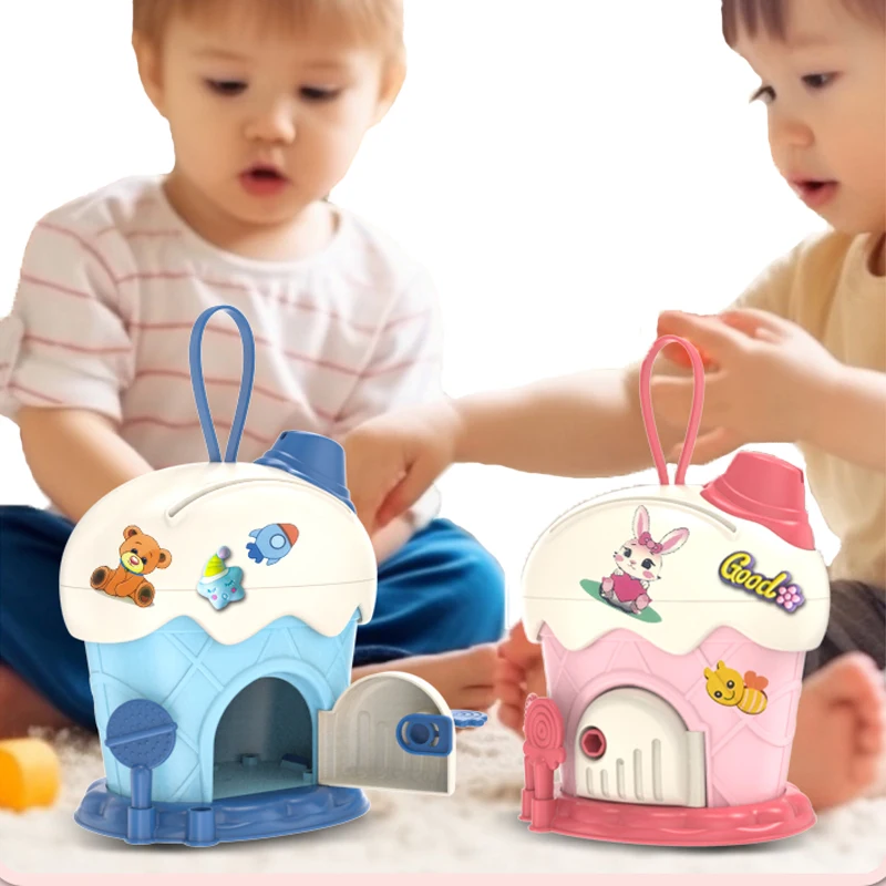Tirelire de dessin animé pour enfants, cabane de crème glacée, autocollants de bricolage, économie d'argent, boîte avec prédire Kawaii, jouet de grande capacité, cadeau pour enfants