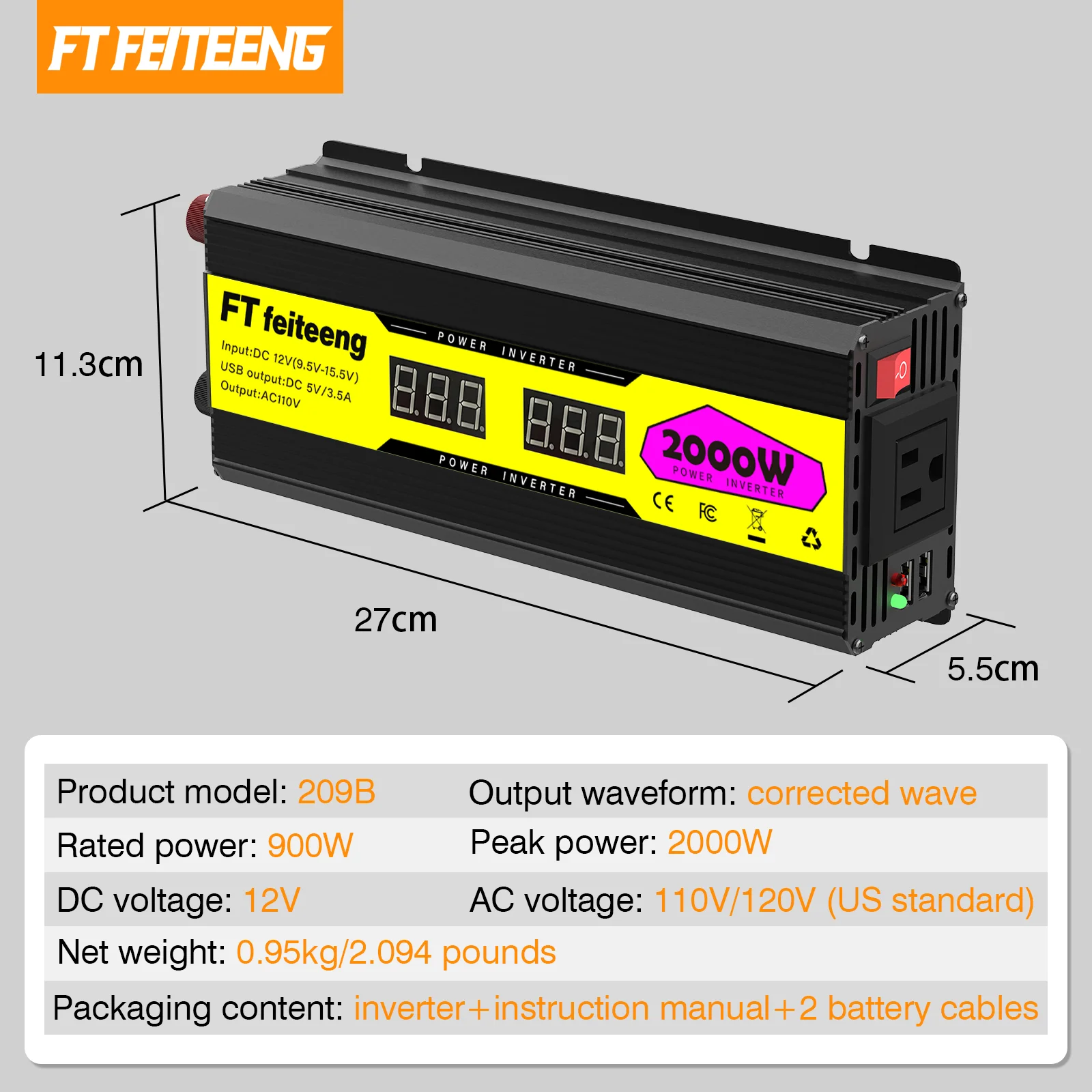 2000W 1000W 500W inverter, DC12V to AC110V, with American standard socket, suitable for fast charging of cars, trucks, RVs and o