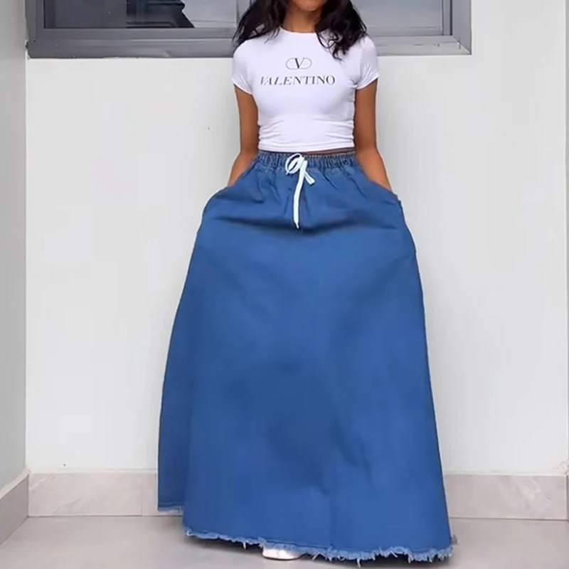 BKLD Women's Fashion Washed Solid Color Loose Fit Drawstring High Waist Pockets Cowboy Skirt Denim Half Skirts Casual Streetwear