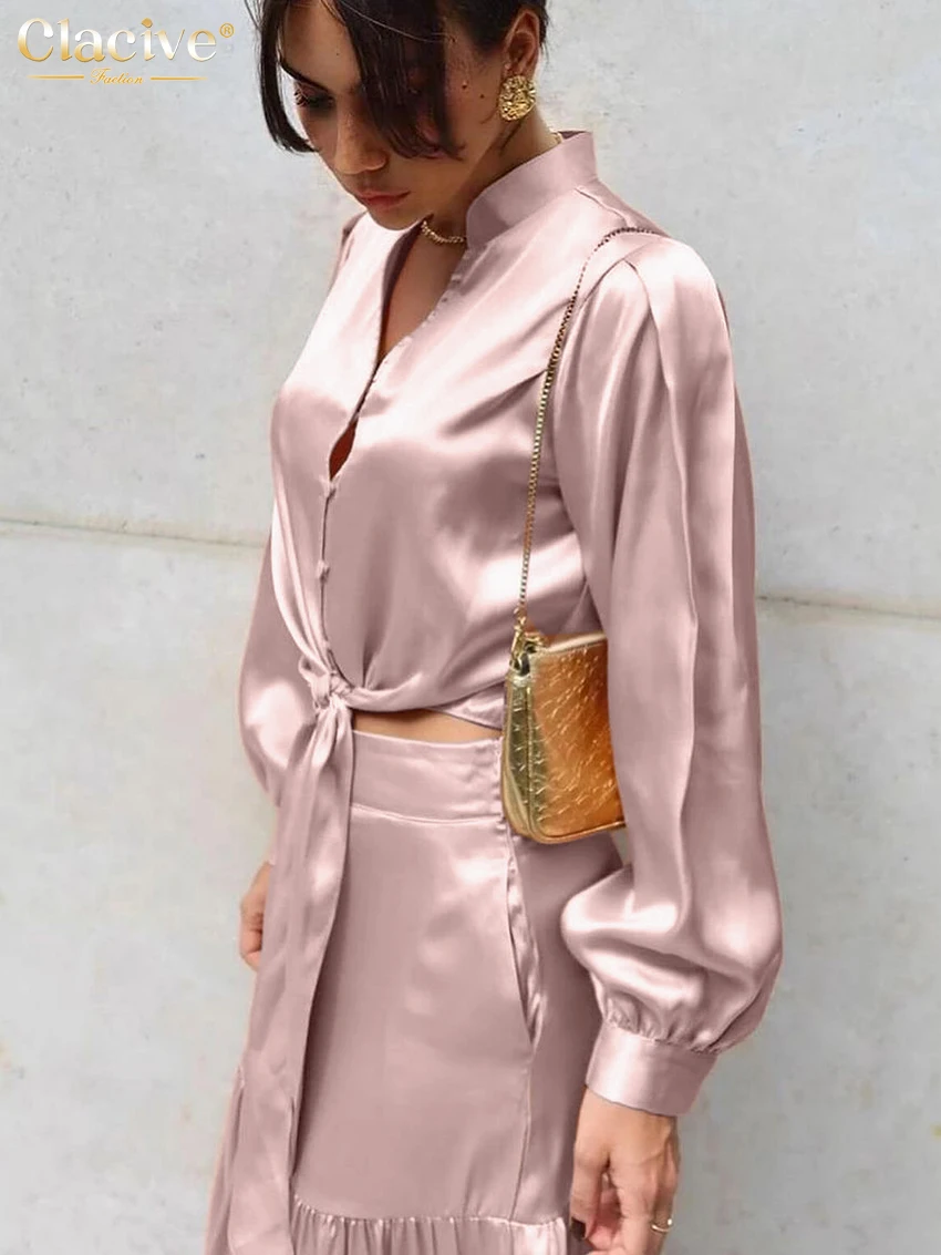 Clacive Fashion Loose Pink Satin 2 Piece Sets Women Outfit Elegant Long Sleeve Crop Shirt With High Waist Long Skirt Set Female