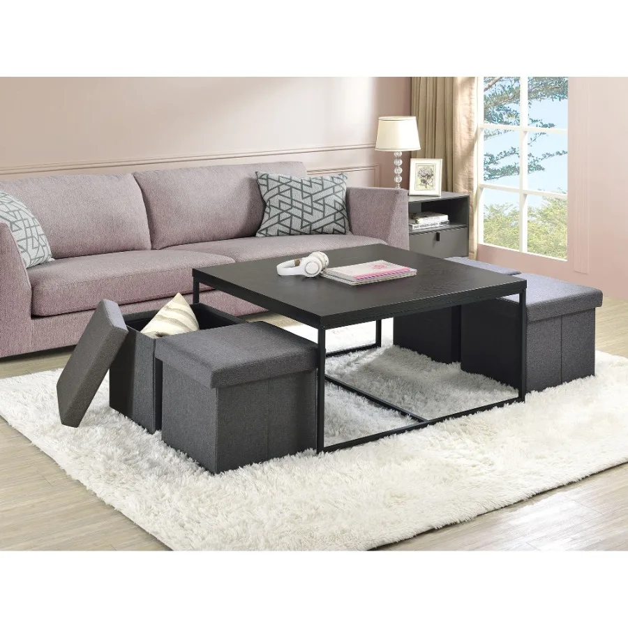 Conjunto de mesa de centro Caitlin de 35" com grão de madeira preta e 5 peças