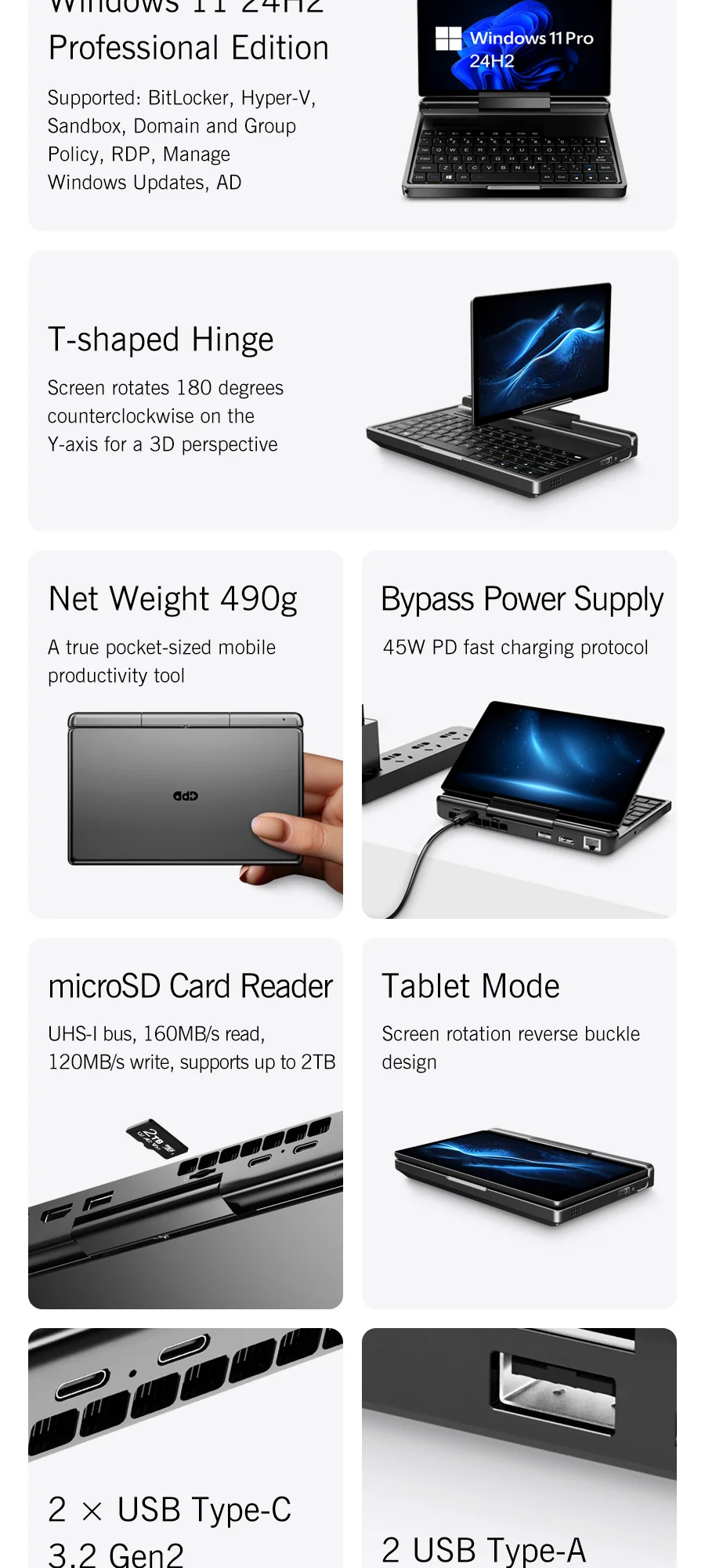 New 7-inch Screen Mini Laptop GPD MicroPC 2 Intel® Core™ I3-N250 16GB/512GB Portable Laptop Computer Notebook Windows 11