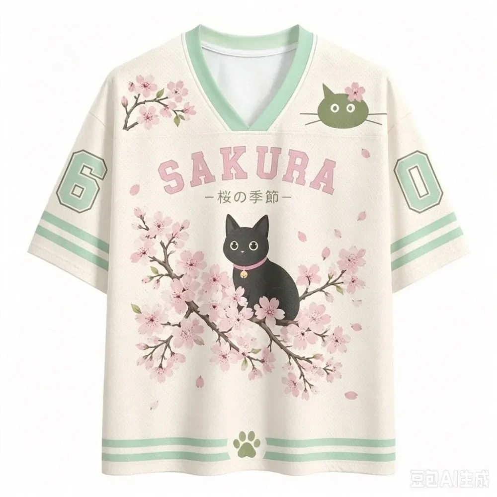 Harajuku Kirschblüten-Katzenpfoten 3D-Druck Sport Schnelltrocknend Atmungsaktiv Herren V-Ausschnitt T-Shirt Outdoor Street Casual Eltern-Kind-Kleidung – Detail 4