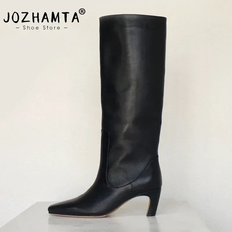 

JOZHAMTA Size 34-43 Women Knee Boots Real Leather Wide Calf Fall Winter Shoes 2025 Kitten High Heels Long Tall Boot Casual Dress