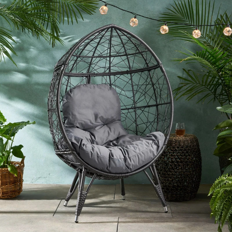 Modern outdoor teardrop chair, made with PE rattan and iron frame, comfortable and luxurious, foldable garden chair