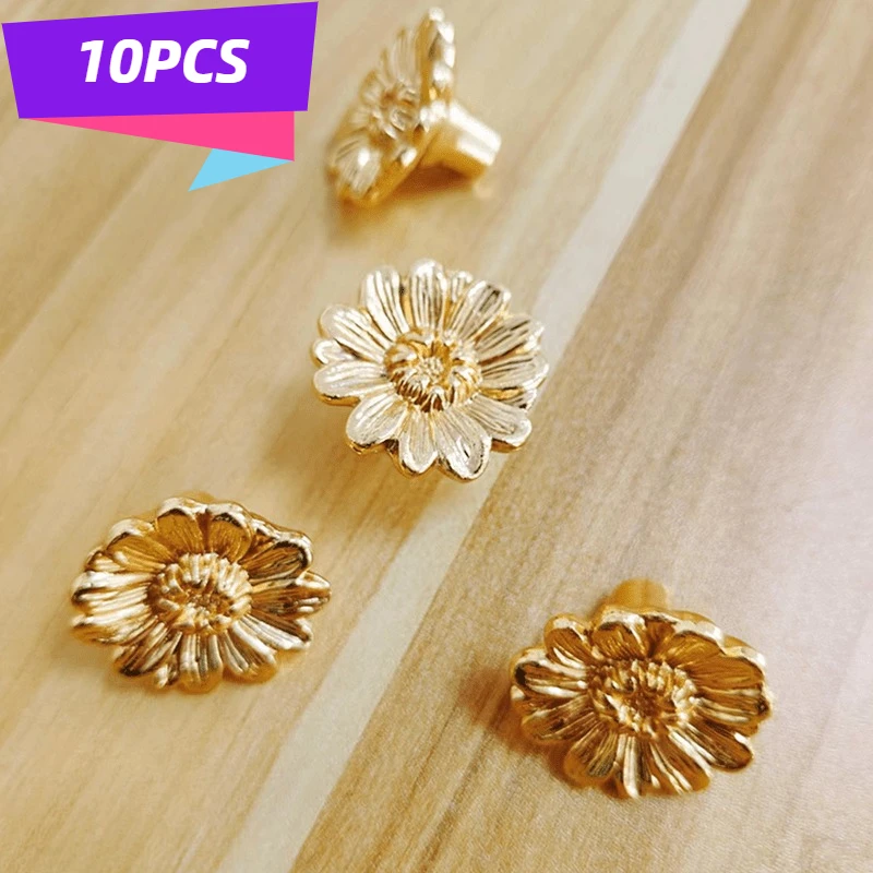 10PCS Floral-shaped drawer pull, alloy decorative kitchen cabinet drawer handle, golden flower handle