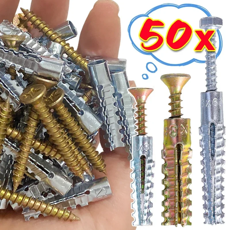 

50-10Sets Metal Expansion Tube Pipe Serrated Thorny Self Tapping Screws Drilling Plug For Concrete Wall Bolt Anchors Fasteners