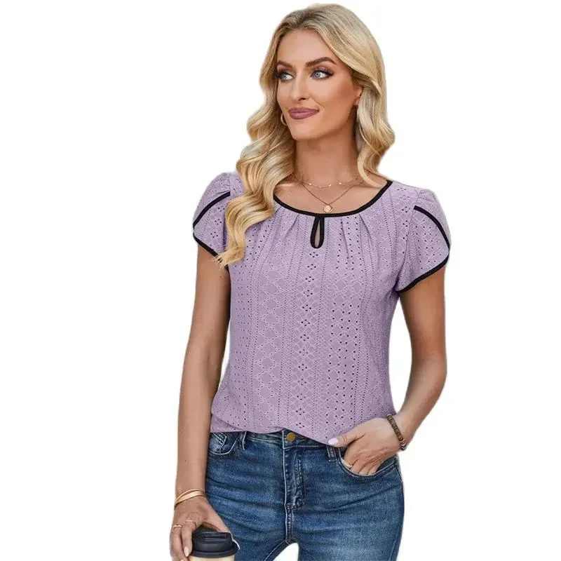 

Women Hollow Out Pleated O Neck T-Shirt 2024 Summer Breathable Petal Short Sleeves Tops Female Colorblocking Stripes Casual Tees