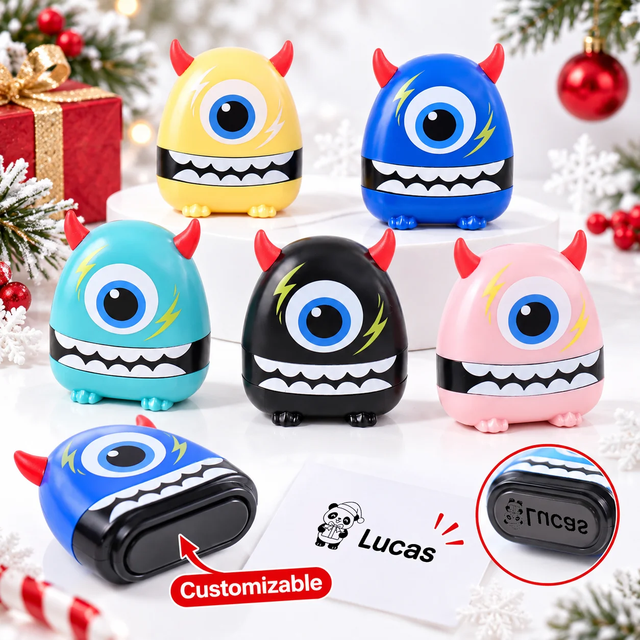 Personalized Christmas Name Stamp, Custom Self-Inking Stamp, Cute Monster Design, Portable Stamp for Gifts & Stationery