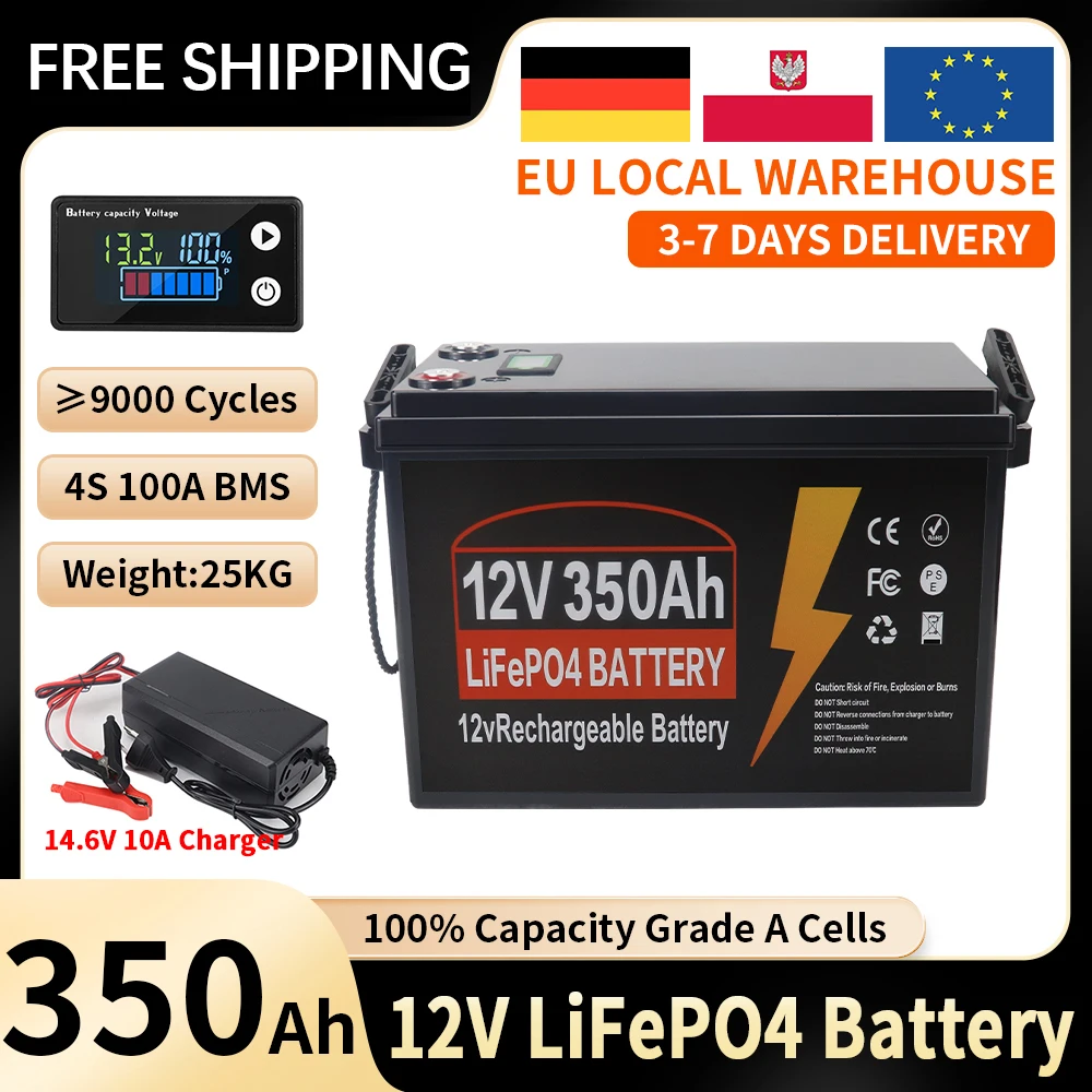 12V 100Ah 150AH 350AH LiFePO4 lithiumbatterij met ingebouwde 100A BMS, 9000 cycli levensduur, voor campers, off-road voertuigen, off-grid toepassingen, visboten en zonne-energiesystemen.