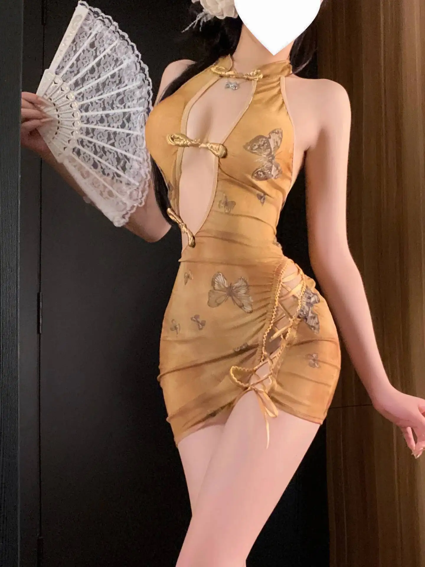 Indumenti da notte sexy per le donne, indumenti da notte, uniforme puro desiderio stampato cheongsam abbigliamento abito elegante mini abito canotta maglia trasparente 8UK