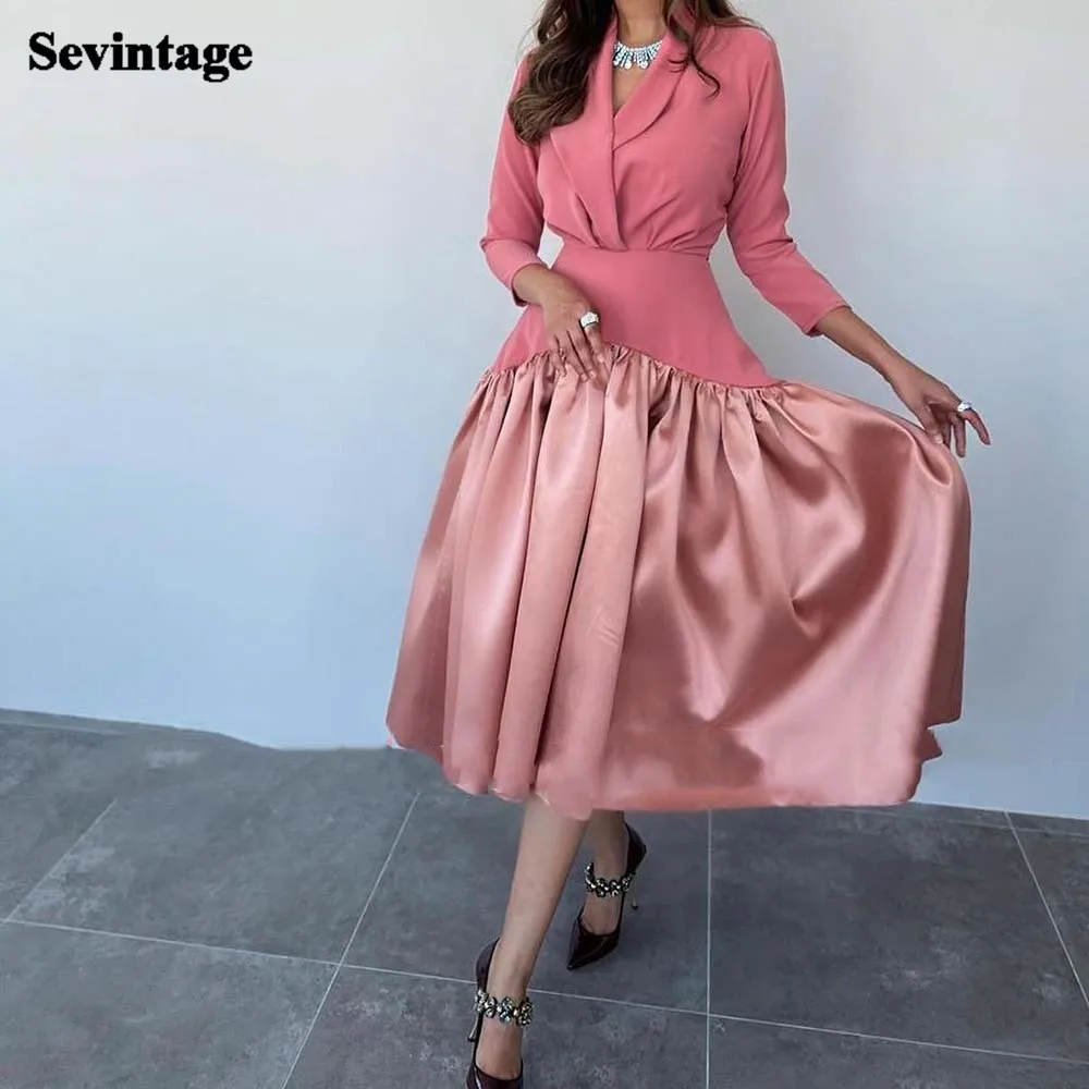 

Sevintage Watermelon Saudi Arabia Prom Dresses A Line Satin 3/4 Sleeve Formal Evening Gowns Midi Dubai Women Party Gowns Outfit